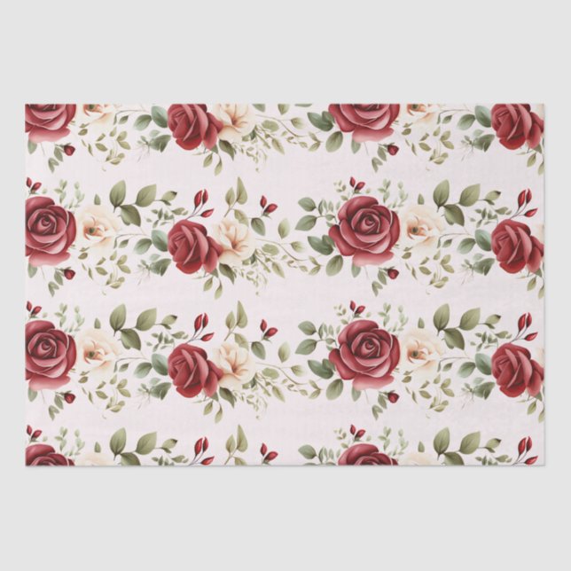 Red Cream Roses Blush Pink Floral Wedding Tissue Paper (Front)