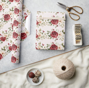 Red Cream Roses Blush Pink Floral Wedding Wrapping Paper