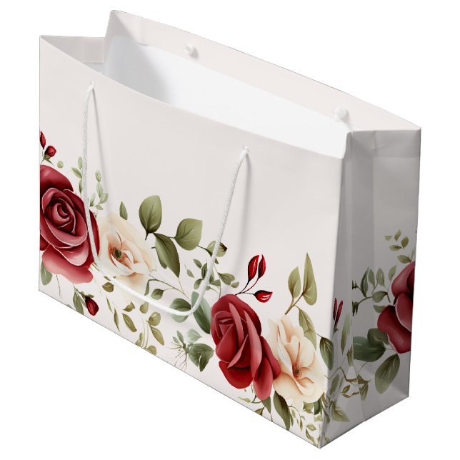 Red Cream Roses Gold Wedding Large Gift Bag (Front Angled)