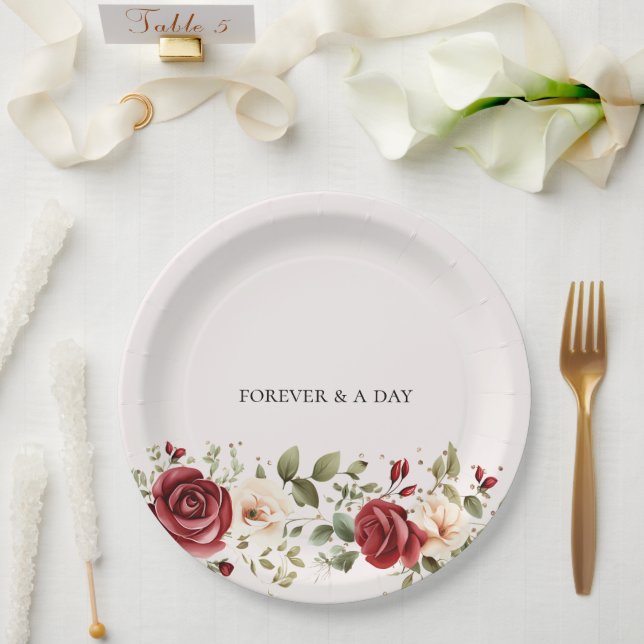 Red Cream Roses Gold Wedding Paper Plate (Wedding)