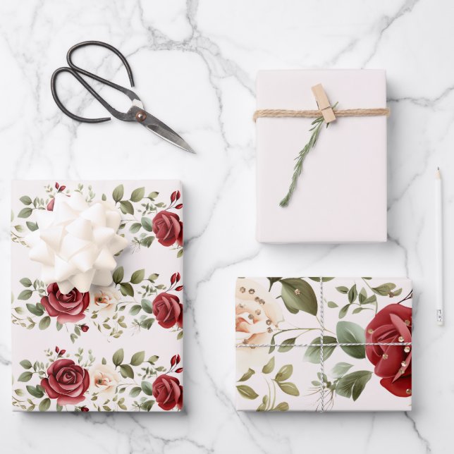 Red Cream Roses Gold Wedding Wrapping Paper Sheet (Front)