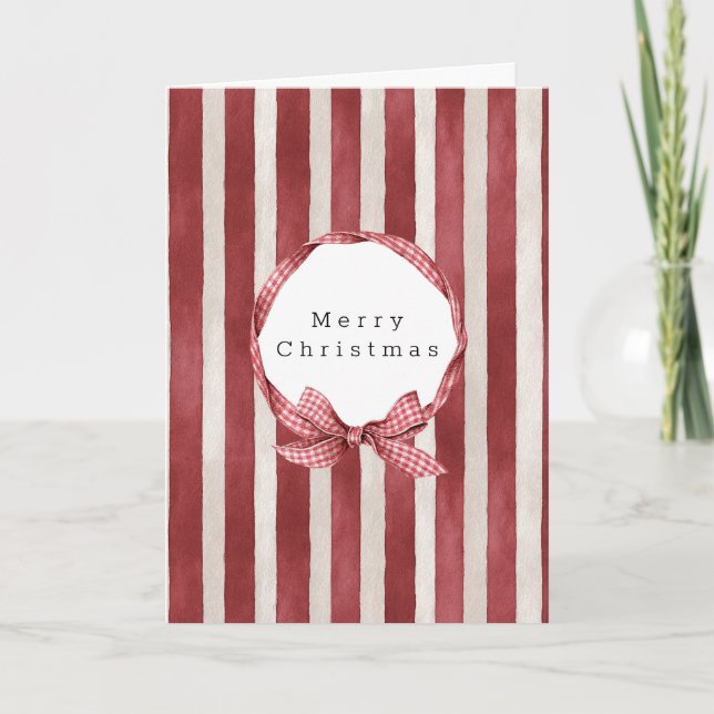 Red Cream Stripes Bow Christmas Card (Front)