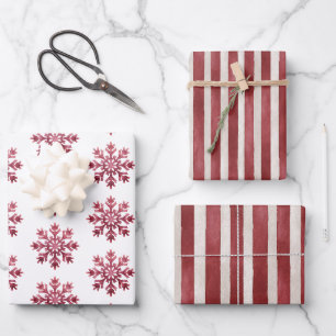 Red Cream Stripes Christmas Snowflakes Wrapping Paper Sheet