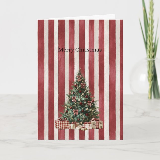 Red Cream Stripes Christmas Tree Card (Front)