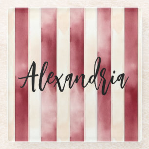 Red Cream Stripes Glass Coaster