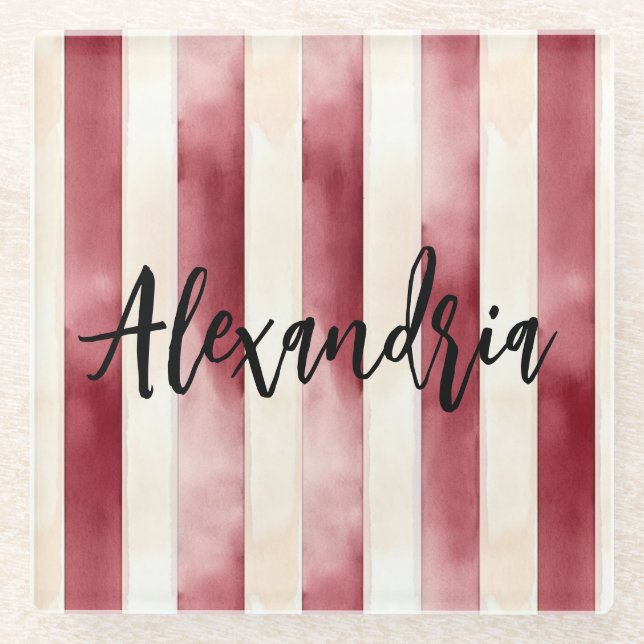 Red Cream Stripes Glass Coaster (Front)