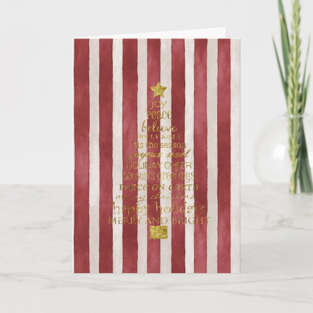 Red Cream Stripes Gold Merry Christmas Tree Card (Front)