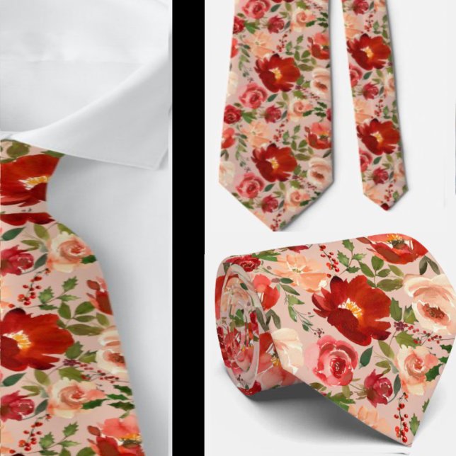 Red Cream Watercolor Floral Roses Neck Tie (Creator Uploaded)