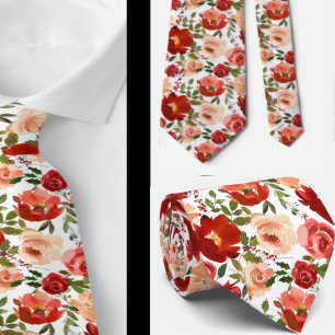 Red Cream Watercolor Floral Roses Neck Tie