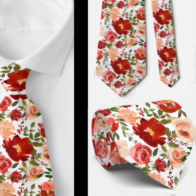 Red Cream Watercolor Floral Roses Neck Tie (Creator Uploaded)