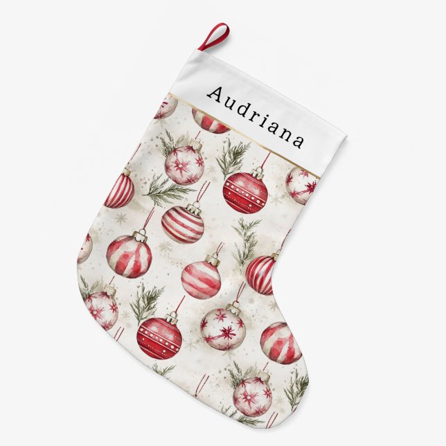 Red Cream White Christmas Ornaments Large Christmas Stocking (Front (Hanging))