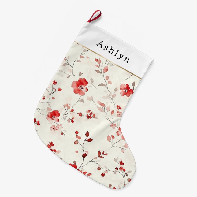 Red Cream White Floral Christmas   Large Christmas Stocking (Front (Hanging))