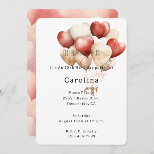 Red Cream White Hearts Balloons Birthday Invitation