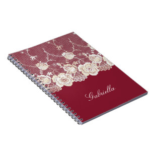 Red Cream White Lace Floral Notebook