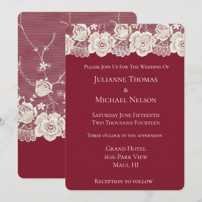 Red Cream White Lace Floral Romantic Wedding Invitation (Front/Back)