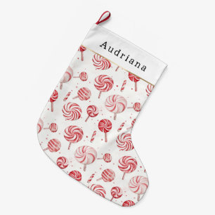 Red Cream White Peppermint Candy Christmas   Large Christmas Stocking