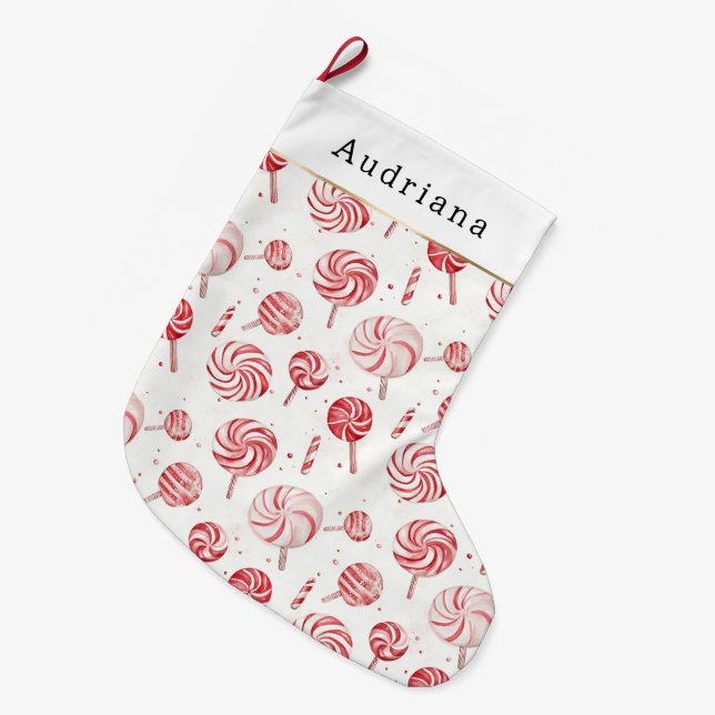 Red Cream White Peppermint Candy Christmas   Large Christmas Stocking (Front (Hanging))