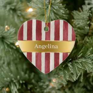 Red Cream White Stripes Gold Ribbon Christmas Ceramic Tree Decoration