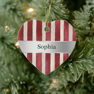 Red Cream White Stripes Silver Ribbon Christmas Ceramic Tree Decoration