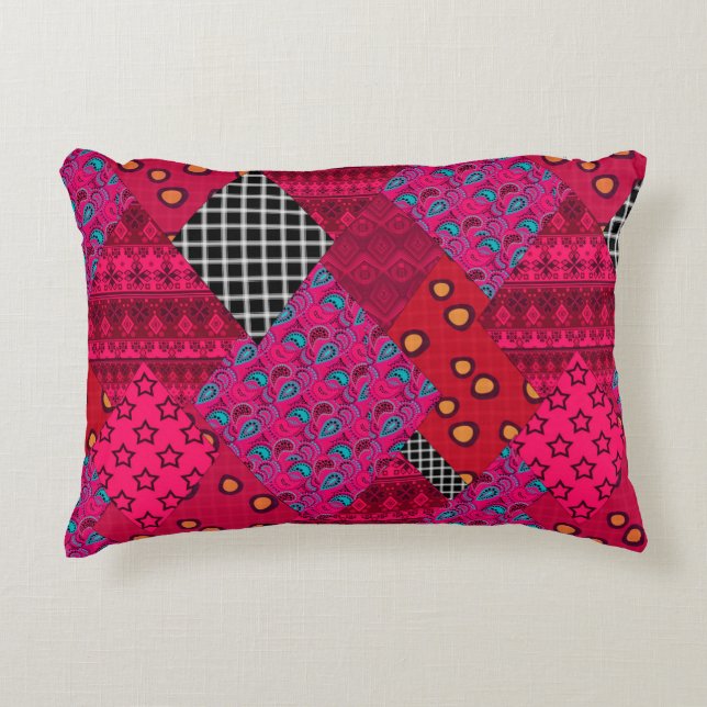 Red  Crimson  Colourful patchwork   Decorative Cushion (Front)