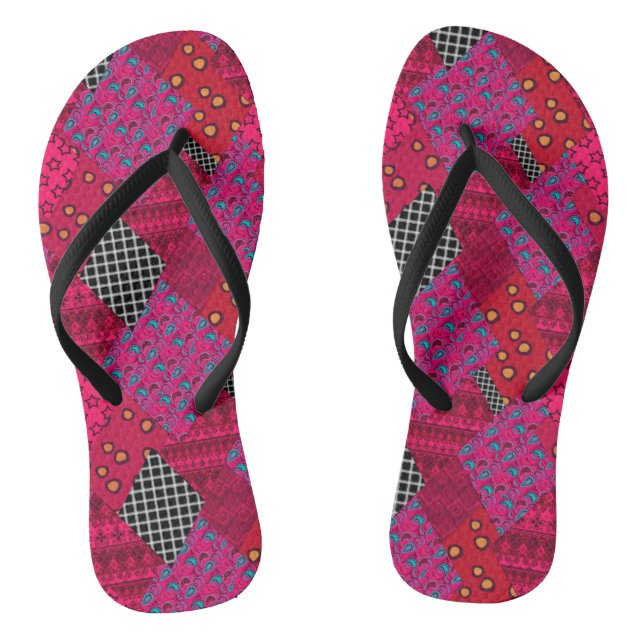 Red  Crimson  Colourful patchwork   Flip Flops (Footbed)