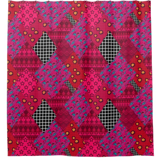 Red  Crimson  Colourful patchwork   Shower Curtain (Front)