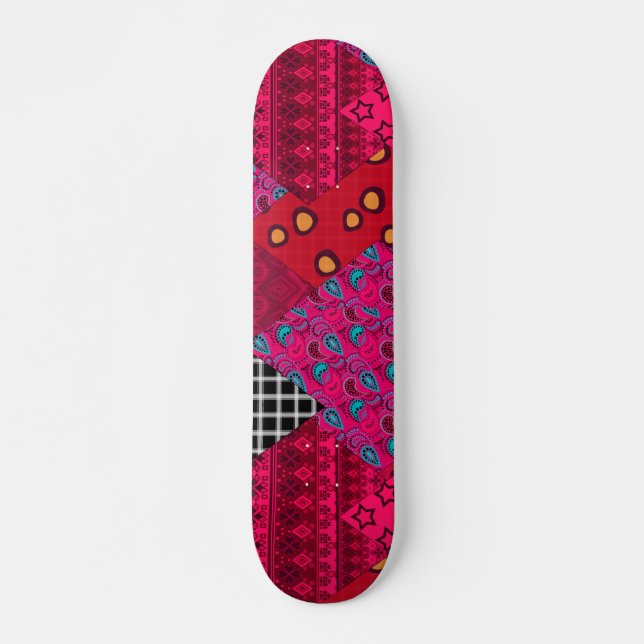 Red  Crimson  Colourful patchwork   Skateboard (Front)