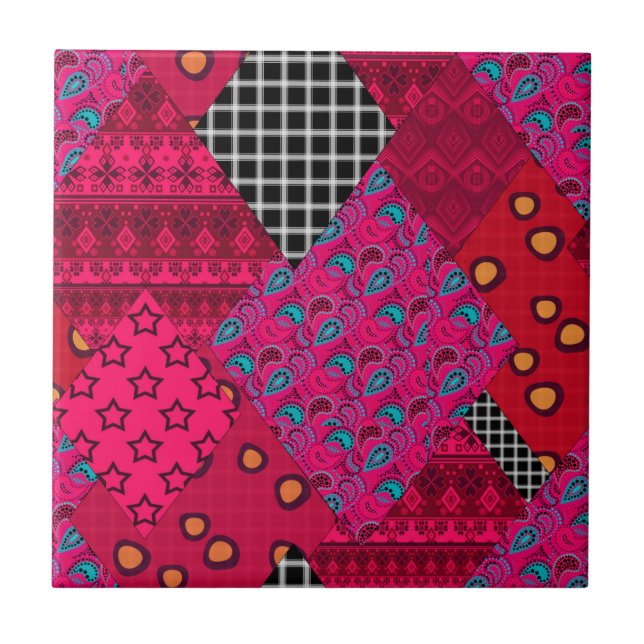 Red  Crimson  Colourful patchwork   Tile (Front)