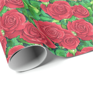 Red / Crimson Watercolor Rose Pattern Wrapping Paper