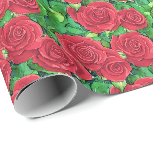 Red / Crimson Watercolor Rose Pattern Wrapping Paper (Roll Corner)