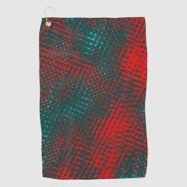 Red crisscrossing scratches over charred cyan      golf towel (Front)