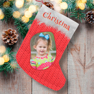 Red Crochet Print Classic Merry Christmas Photo Small Christmas Stocking