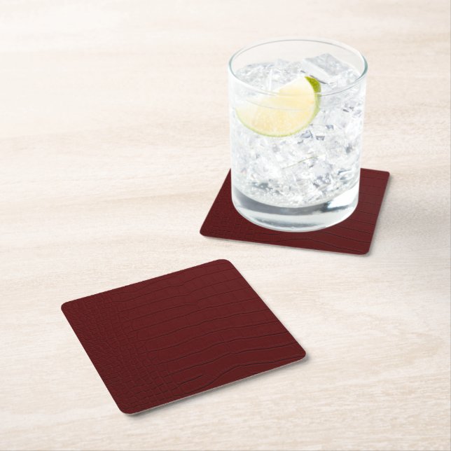 Red Crocodile Skin Print Square Paper Coaster (Insitu)