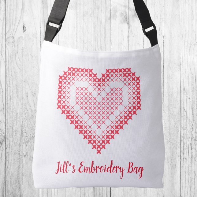 Red Cross-stich Heart Embroidery Tote (Cute heart "cross stitch and embroidery" look crossbody bag.)