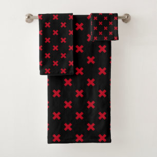 Red cross stitches on black bath towel set