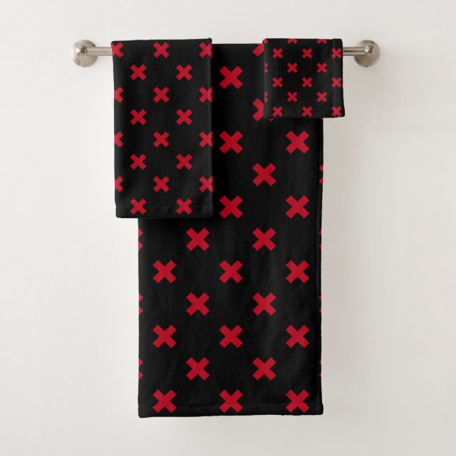 Red cross stitches on black bath towel set (Insitu)