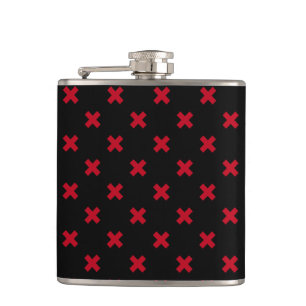 Red cross stitches on black hip flask