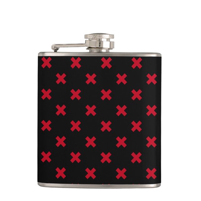Red cross stitches on black hip flask (Front)