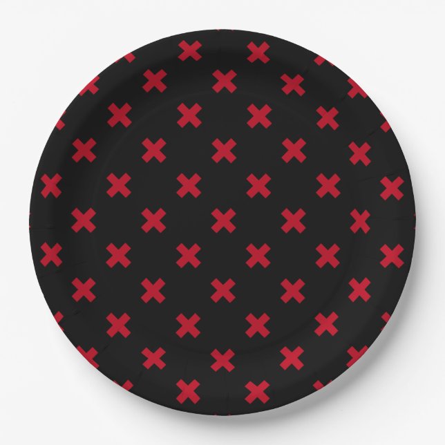 Red cross stitches on black paper plate (Front)