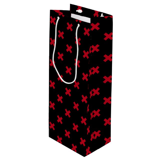 Red cross stitches on black wine gift bag (Front Angled)