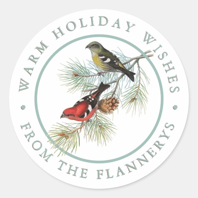 Red Crossbill Bird Pine Holiday Personalised  Classic Round Sticker (Front)