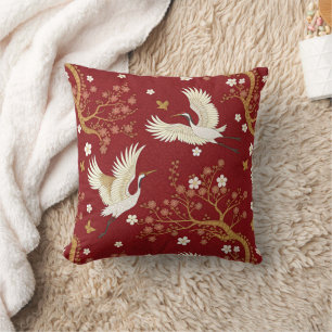 Red Crown Crane Sakura Pattern (1) Cushion
