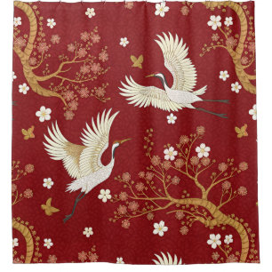 Red Crown Crane Sakura Pattern (1) Shower Curtain