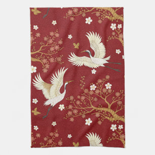 Red Crown Crane Sakura Pattern (1) Tea Towel