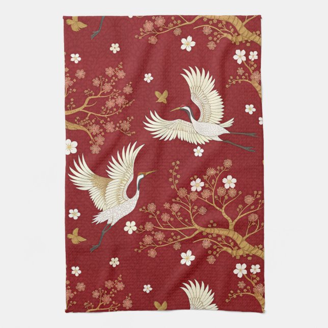 Red Crown Crane Sakura Pattern (1) Tea Towel (Vertical)
