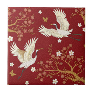 Red Crown Crane Sakura Pattern (1) Tile