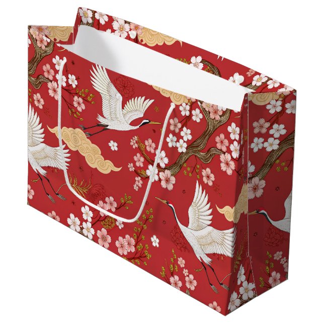 Red Crown Crane Sakura Pattern (2) Large Gift Bag (Front Angled)