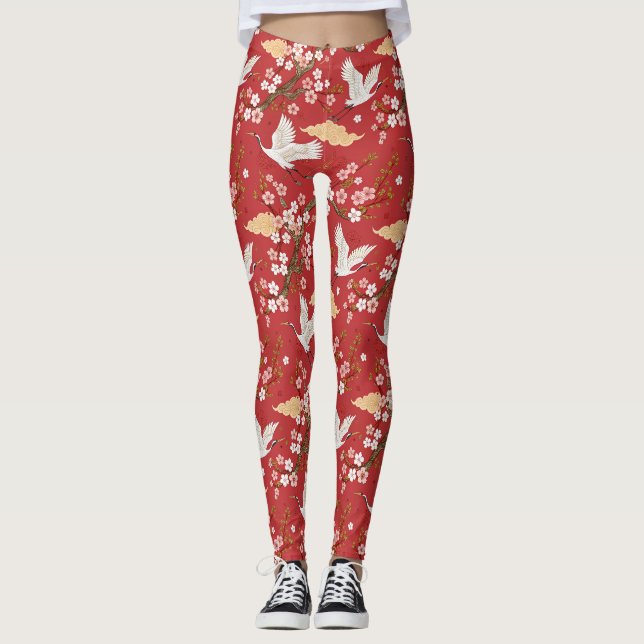 Red Crown Crane Sakura Pattern (2) Leggings (Front)