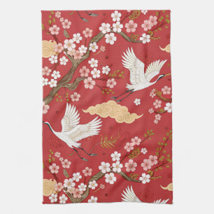 Red Crown Crane Sakura Pattern (2) Tea Towel