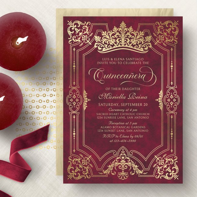 Red Crown Tiara Elegant Quinceanera Invitation (Creator Uploaded)